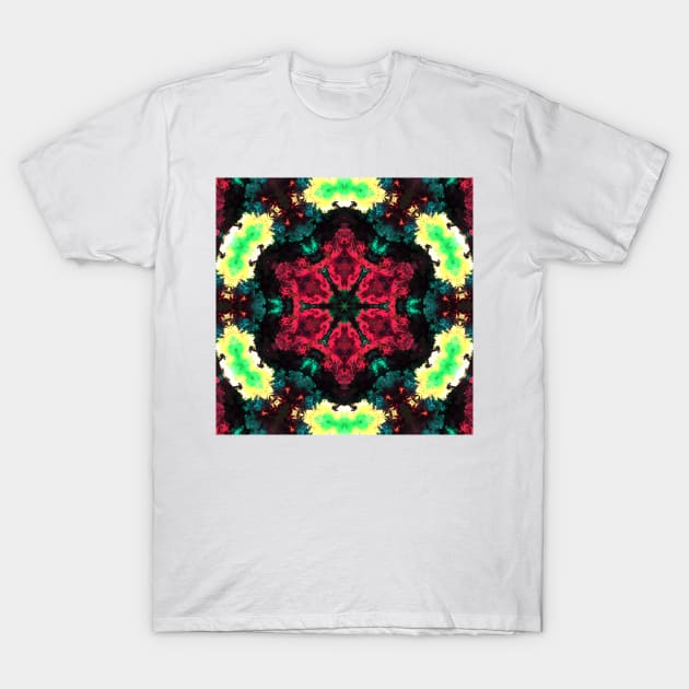 Psychedelic Hippie Flower Red Teal Black and Green T-Shirt by WormholeOrbital